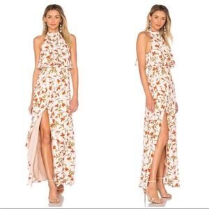 Lovers + Friends Golden Ray Palm Print Halter Maxi Dress Size XS Side Slit Hem